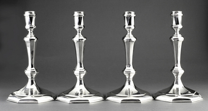 Cast Britannia Silver Queen Anne Style Octagonal Candlesticks (Set of 4), With 2 Detachable 2 Light Candelabra - Tessiers